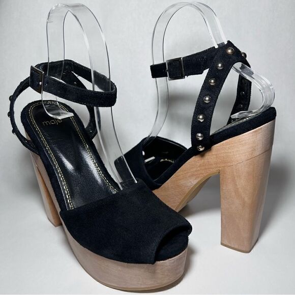 Maje Flash Studded Suede Platform Peep Toe Sandals in Black - Picture 2 of 10